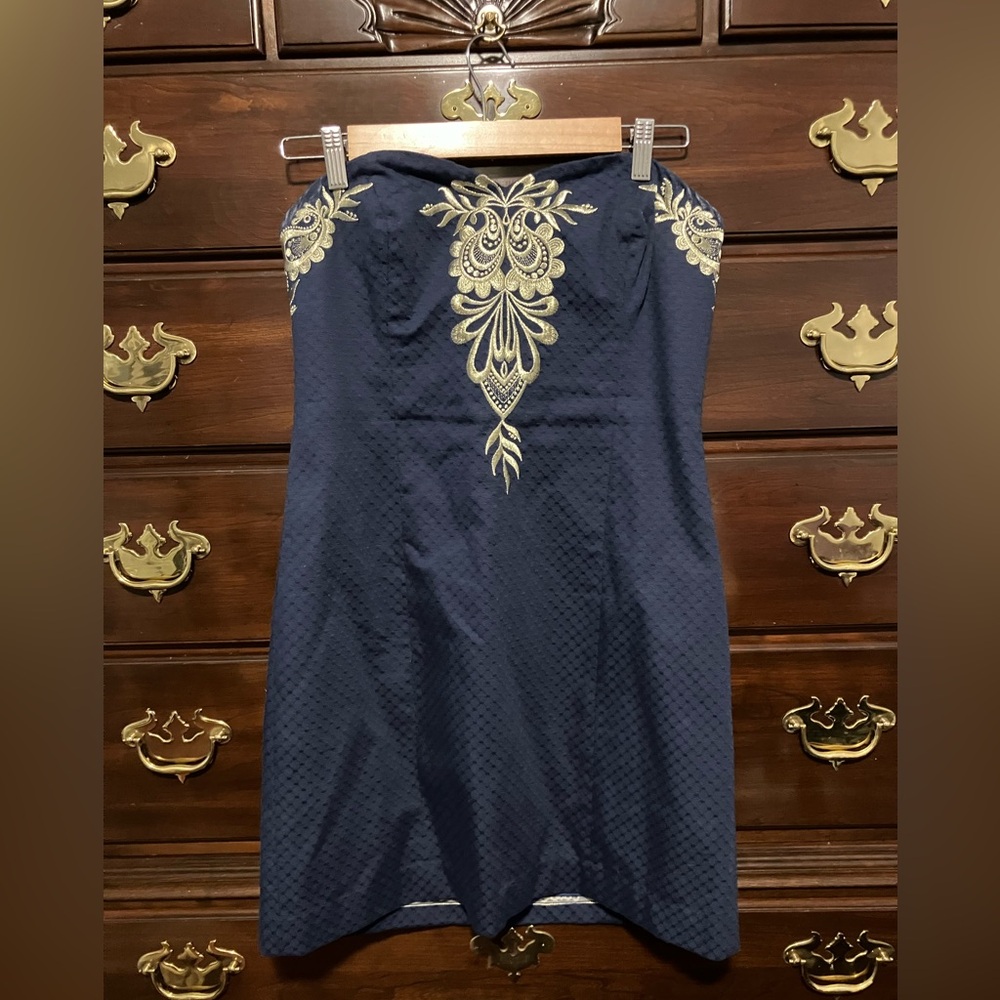 Lilly Pulitzer Demi Dress Strapless Blue With Gold Embroidery Size 8
